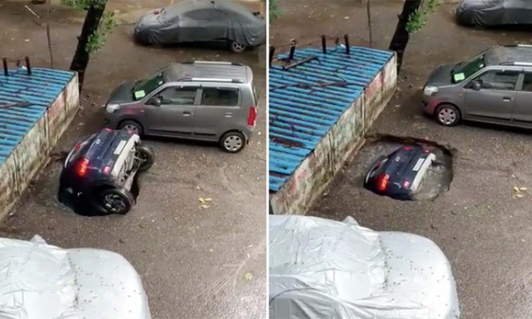पार्किङ गरेको गाडी अचानक जमिन भित्र पसेपछि…_img
