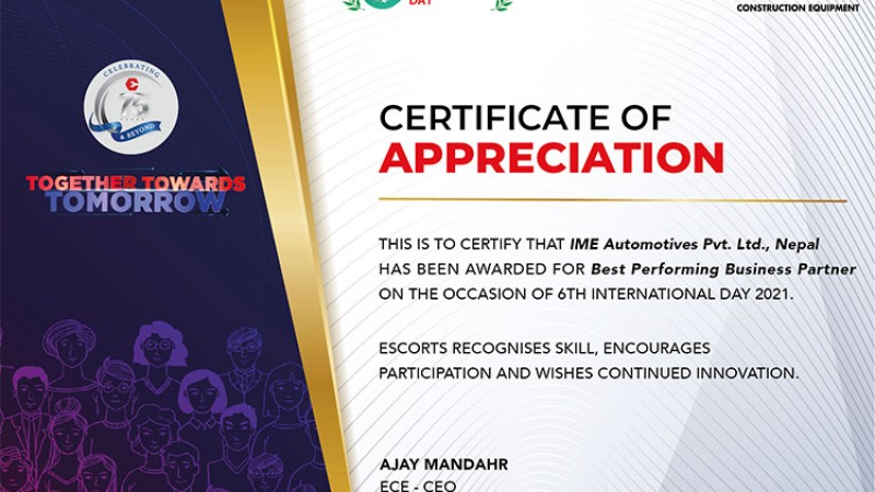 आइएमई अटोमोटिभ्स् एस्कर्टसको ‘बेस्ट पर्फमिङ्’ विक्रेता
