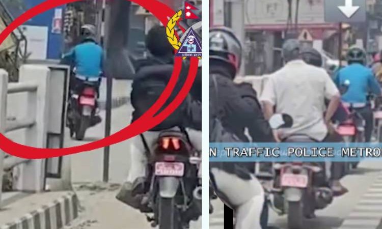 फूटपाथमा मोटरसाइकल चलाउने ट्राफिकलाई नै काटियो चिट_img