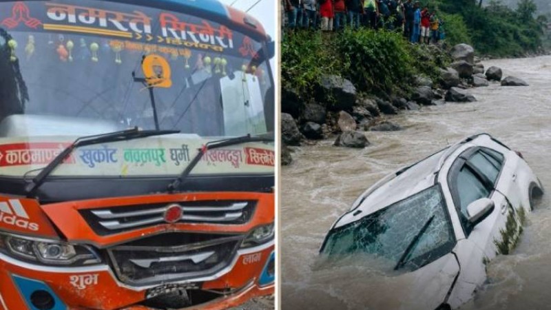बसले ठक्कर दिँदा सुनकोशी नदीमा खस्यो कार